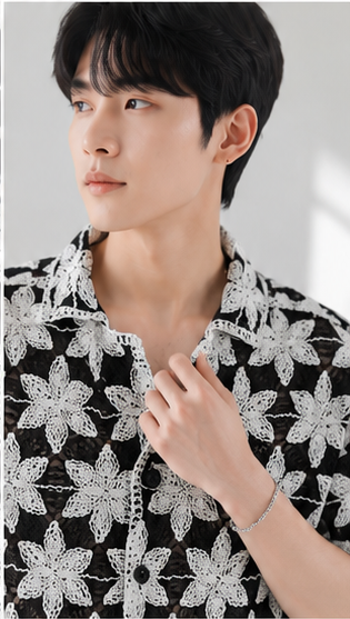Men's Black & White Crochet Floral Knit Shirt – Handmade Luxury Resort Wear Shirt