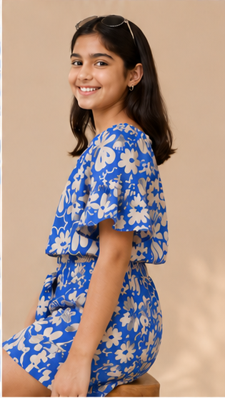 Girls Blue Floral Off-Shoulder Co-Ord Set – Summer Printed Top & Shorts