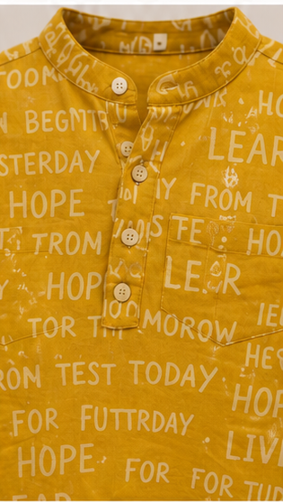 Boys Mustard Yellow Typography Print Mandarin Collar Shirt (Full Sleeve)