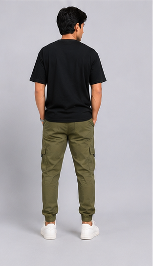 Olive Green Printed Cargo Joggers for Men – Slim Fit Multi-Pocket Casual Streetwear Pants