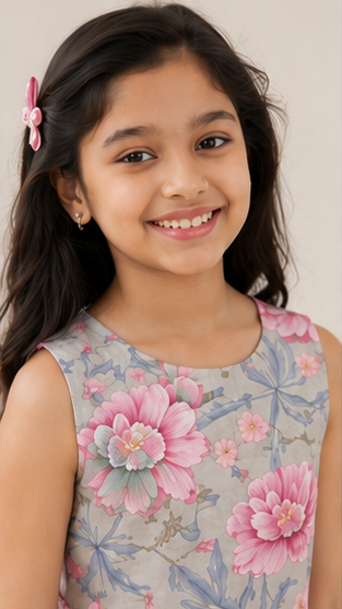 Girls Floral Fit & Flare Dress – Grey Base with Pink Blossom Print