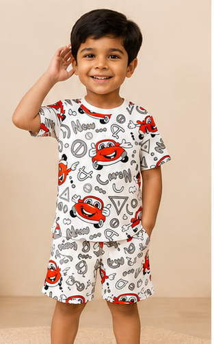 Cartoon Car Print Kids Co-Ord Set – Cotton T-Shirt & Shorts Summer Outfit for Boys