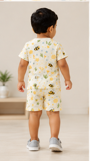 Kids Bee Print Co-ord Set – Cute Summer Cotton T-Shirt & Shorts Set for Boys & Girls