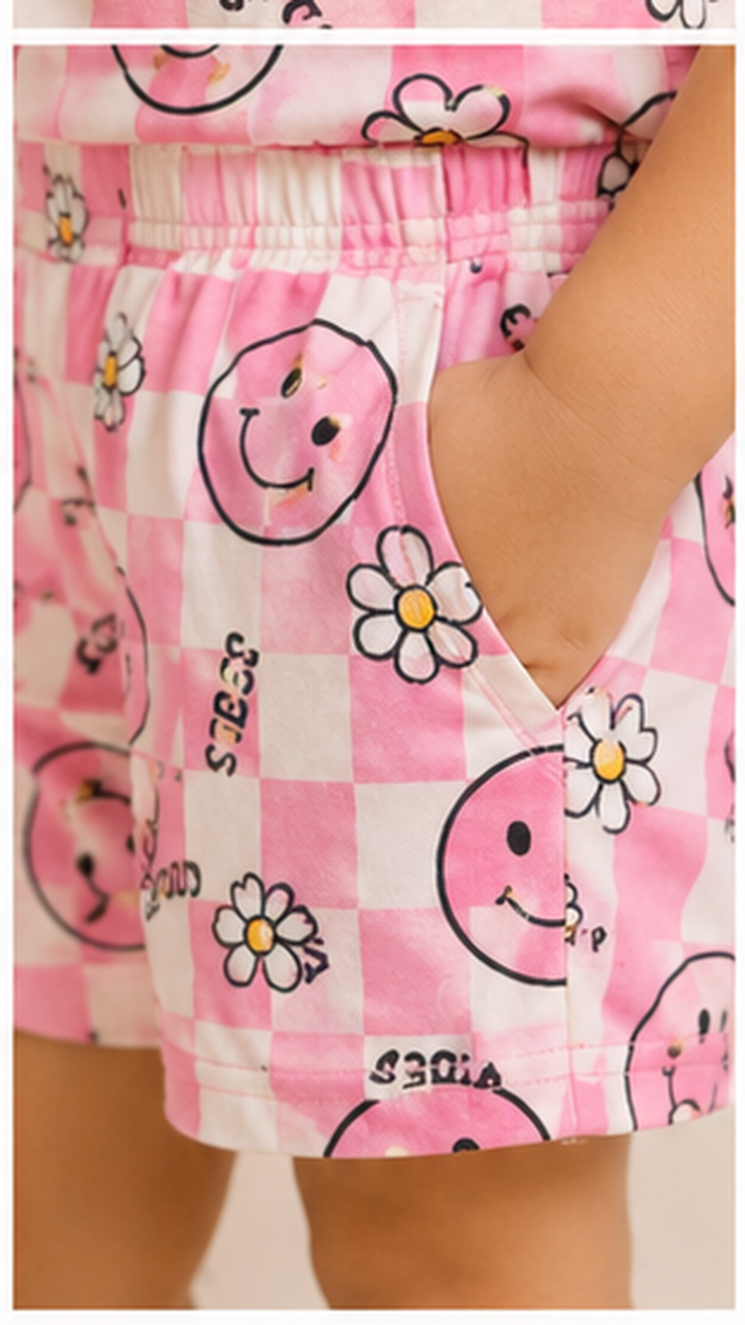 Pink Smiley Checkered Kids Co-Ord Set – Cute Daisy Print T-Shirt & Shorts for Girls