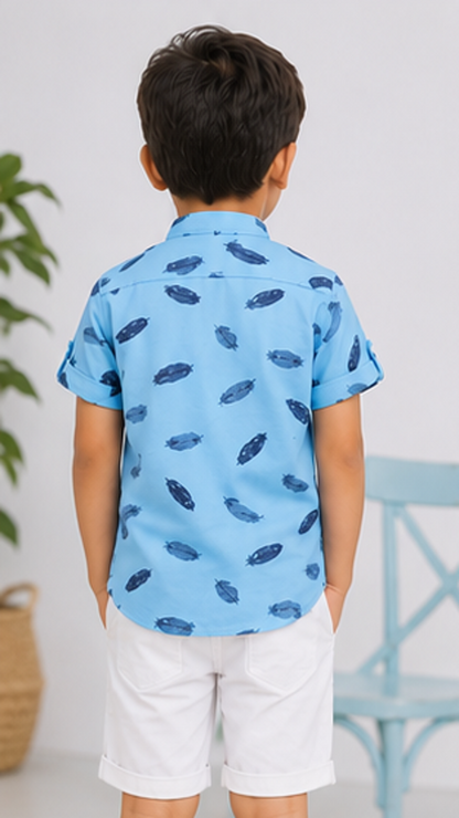 Boys Sky Blue Feather Print Mandarin Collar Shirt (Full Sleeve)