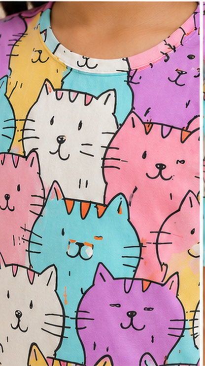 Cute Cat Print Kids Co-Ord Set – Multicolor Cartoon Kitty Cotton T-Shirt & Shorts