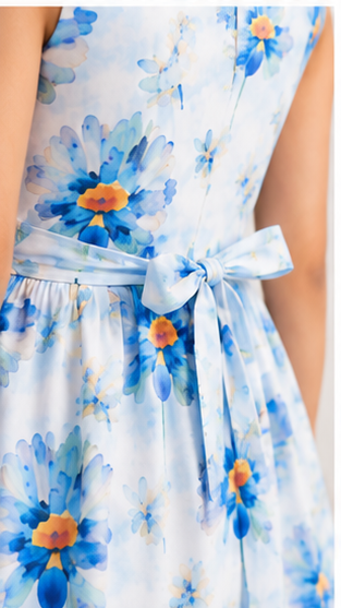 Girls Sky Blue Floral Print Fit & Flare Dress (Sleeveless)
