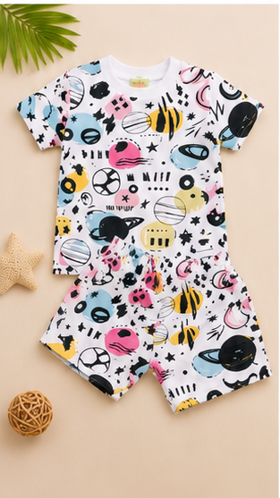 Abstract Space Print Kids Co-Ord Set – Stylish Planet Graphic T-Shirt & Shorts for Girls