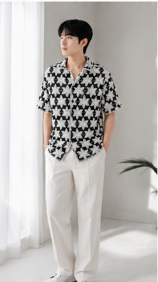 Men's Black & White Crochet Floral Knit Shirt – Handmade Luxury Resort Wear Shirt