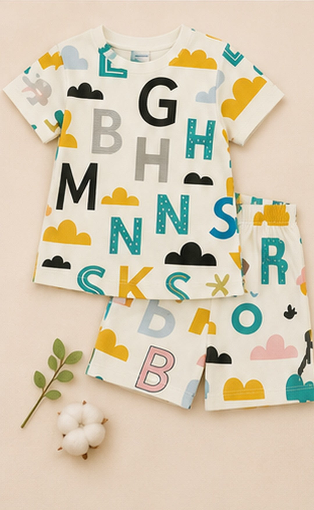 Alphabet Print Kids Co-Ord Set – Educational Cotton T-Shirt & Shorts Set
