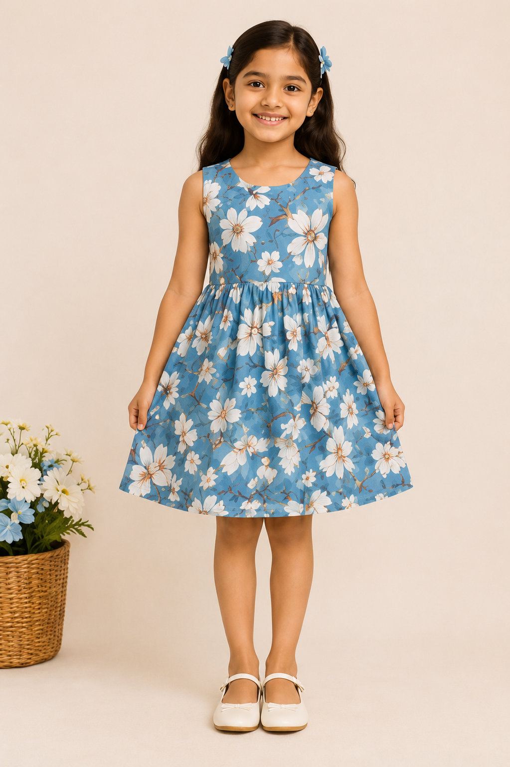 Girls Dusty Blue Floral Print Fit & Flare Dress (Sleeveless)