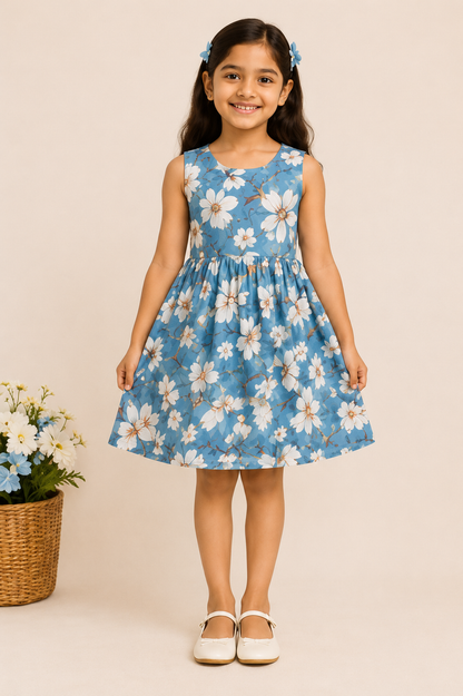 Girls Dusty Blue Floral Print Fit & Flare Dress (Sleeveless)