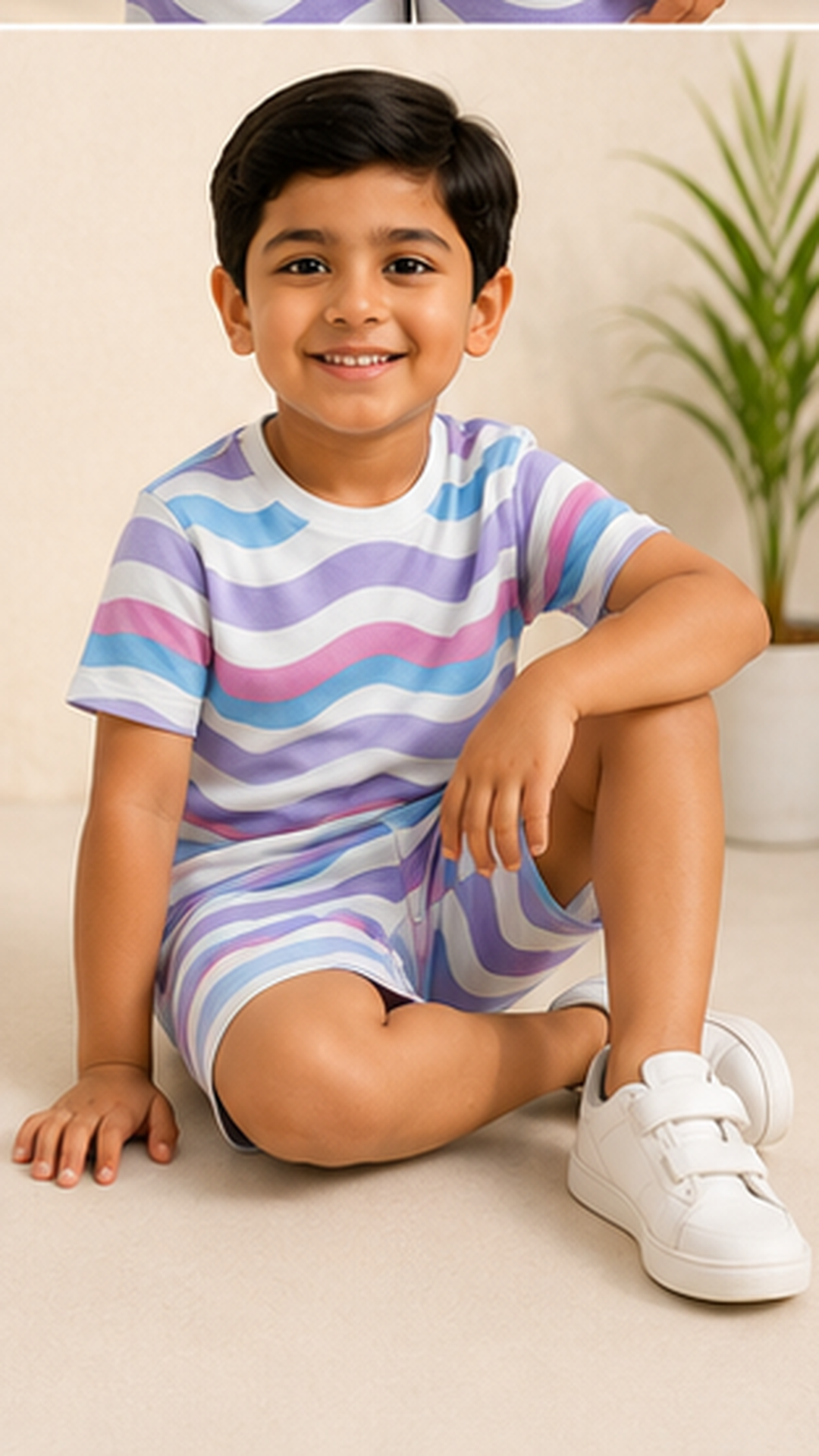 Pastel Wave Stripe Kids Co-Ord Set – Soft Cotton T-Shirt & Shorts Summer Outfit for Boys & Girls