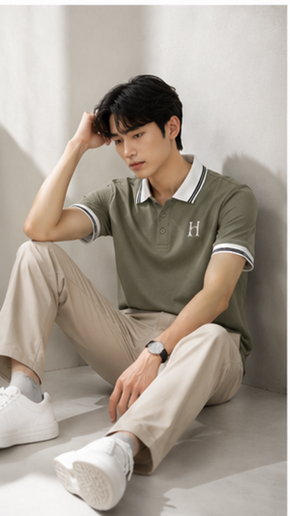 Men's Premium Olive Green Polo T-Shirt with White Contrast Collar | Smart Casual Half Sleeve Polo Tee