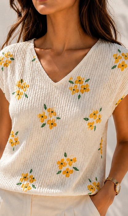 Horcun Women's Ivory Floral Textured V-Neck Top | Elegant Casual Wear