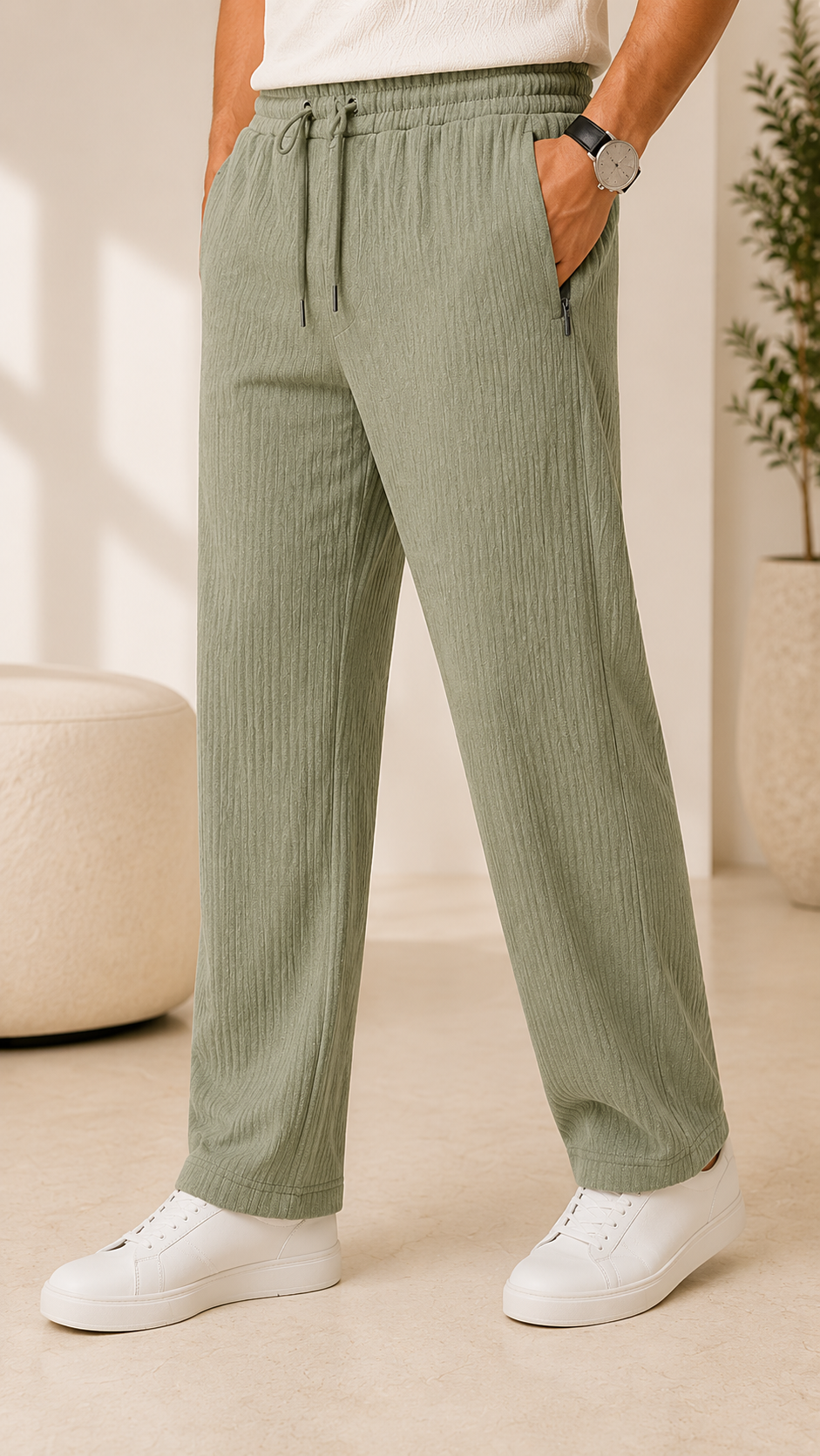 Pistachio Green Ribbed Track Pants for Men | Premium Relaxed Fit Textured Joggers with Zip Pockets