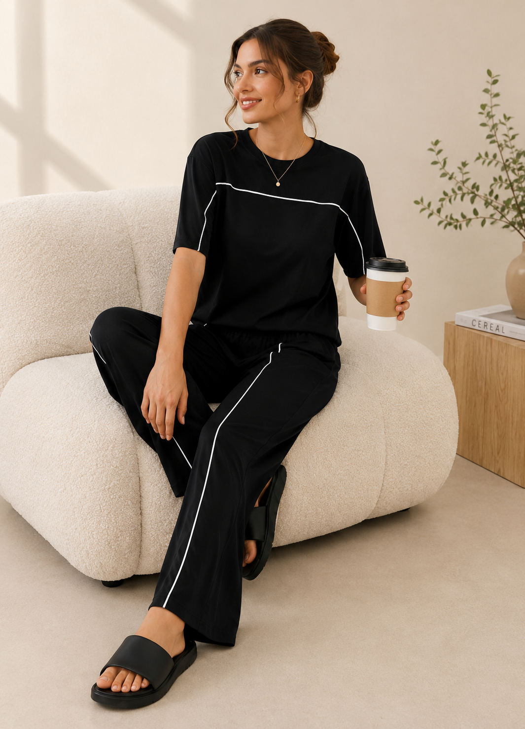 Women’s Black Co-ord Lounge Set | Premium Relaxed Fit T-Shirt & Straight Pants Set