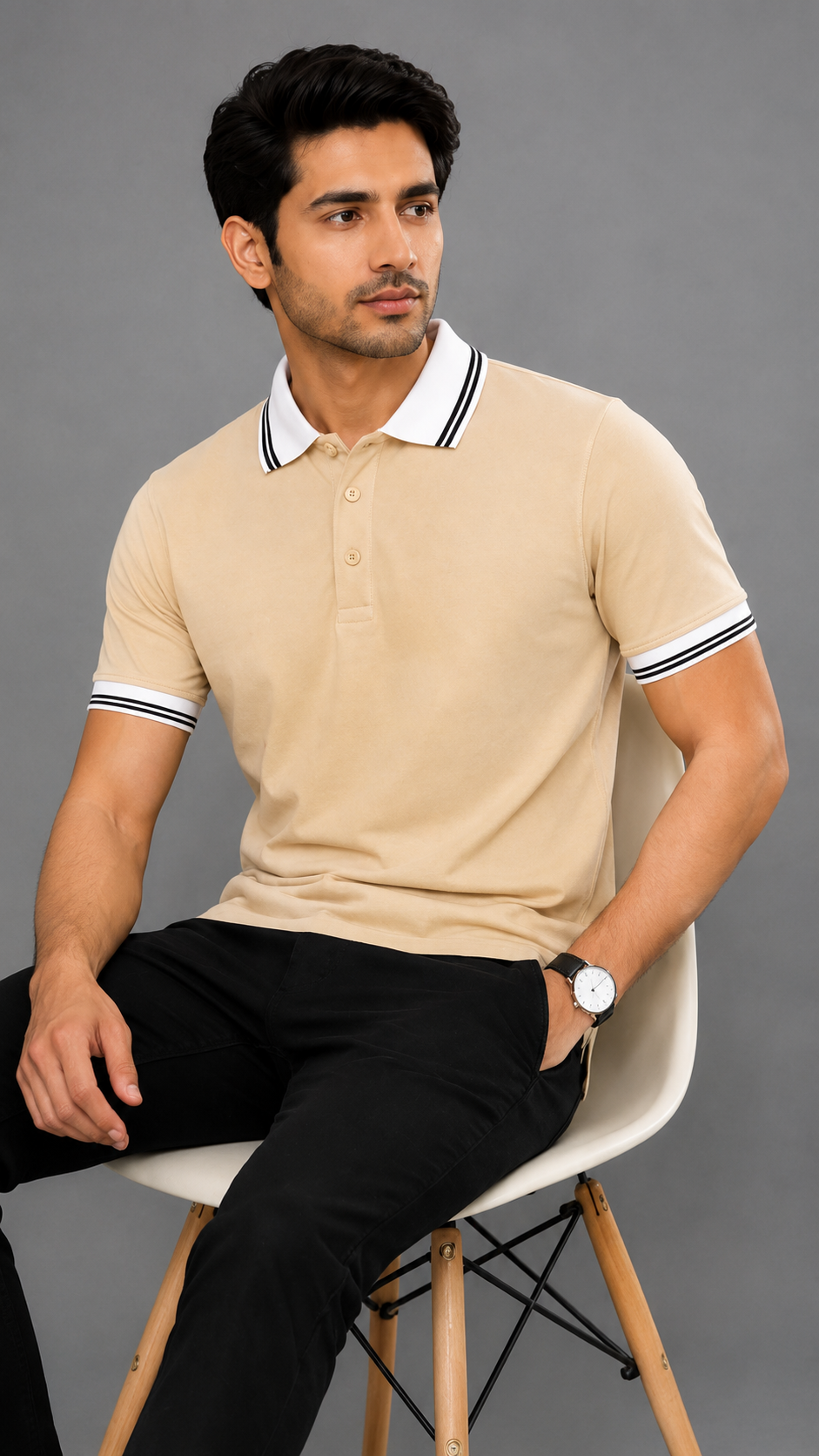 Men’s Premium Beige Polo T-Shirt with White Contrast Collar & Sleeve Stripes