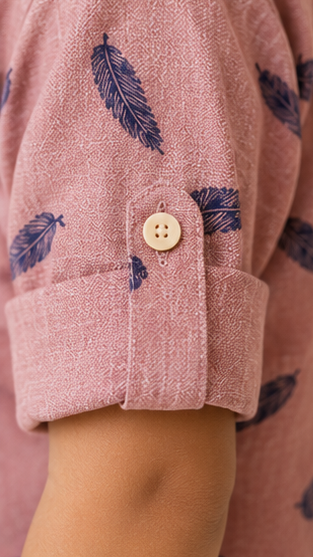 Boys Peach Feather Print Mandarin Collar Shirt (Full Sleeve)
