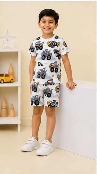 Super Truck Cartoon Print Kids Co-Ord Set – Cotton T-Shirt & Shorts Outfit for Boys