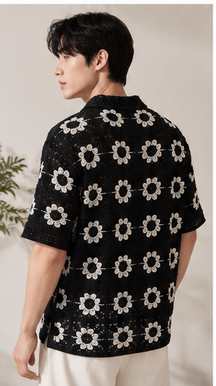 Men's Black Crochet Daisy Knit Shirt – Premium Handmade Floral Open Knit Resort Shirt