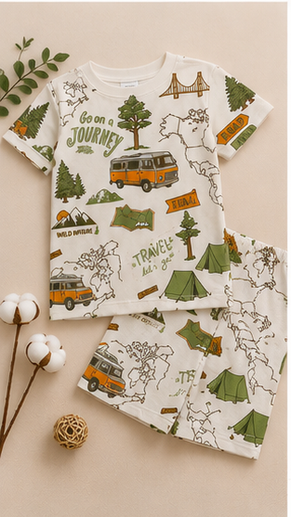 Adventure Travel Print Kids Co-Ord Set – Road Trip Cotton T-Shirt & Shorts for Girls