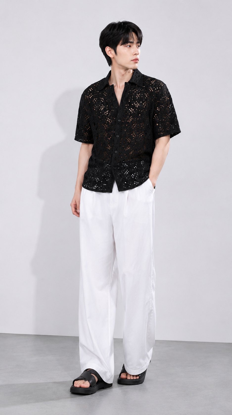 Men's Black Crochet Lace Knit Shirt – Premium Handmade Open Knit Resort Shirt