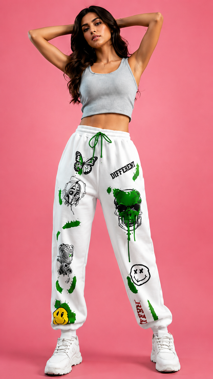 Women White Graphic Printed Joggers – Stylish Casual Streetwear & Lounge Pants