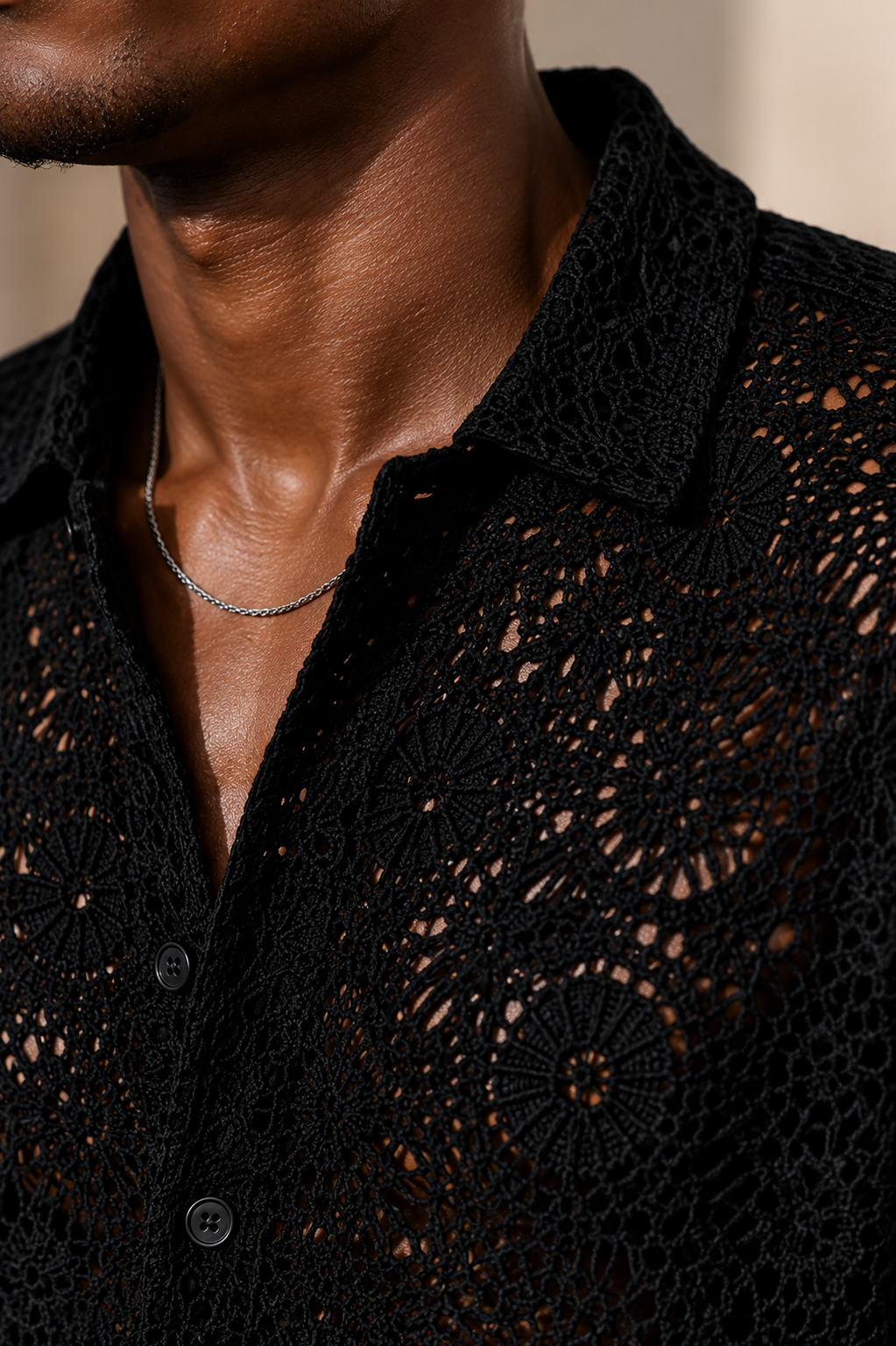 Men's Black Crochet Lace Shirt – Premium Summer Resort Wear Casual Button Down