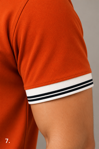 Men’s Premium Rust Orange Polo T-Shirt with White Contrast Collar & Sleeve Stripes