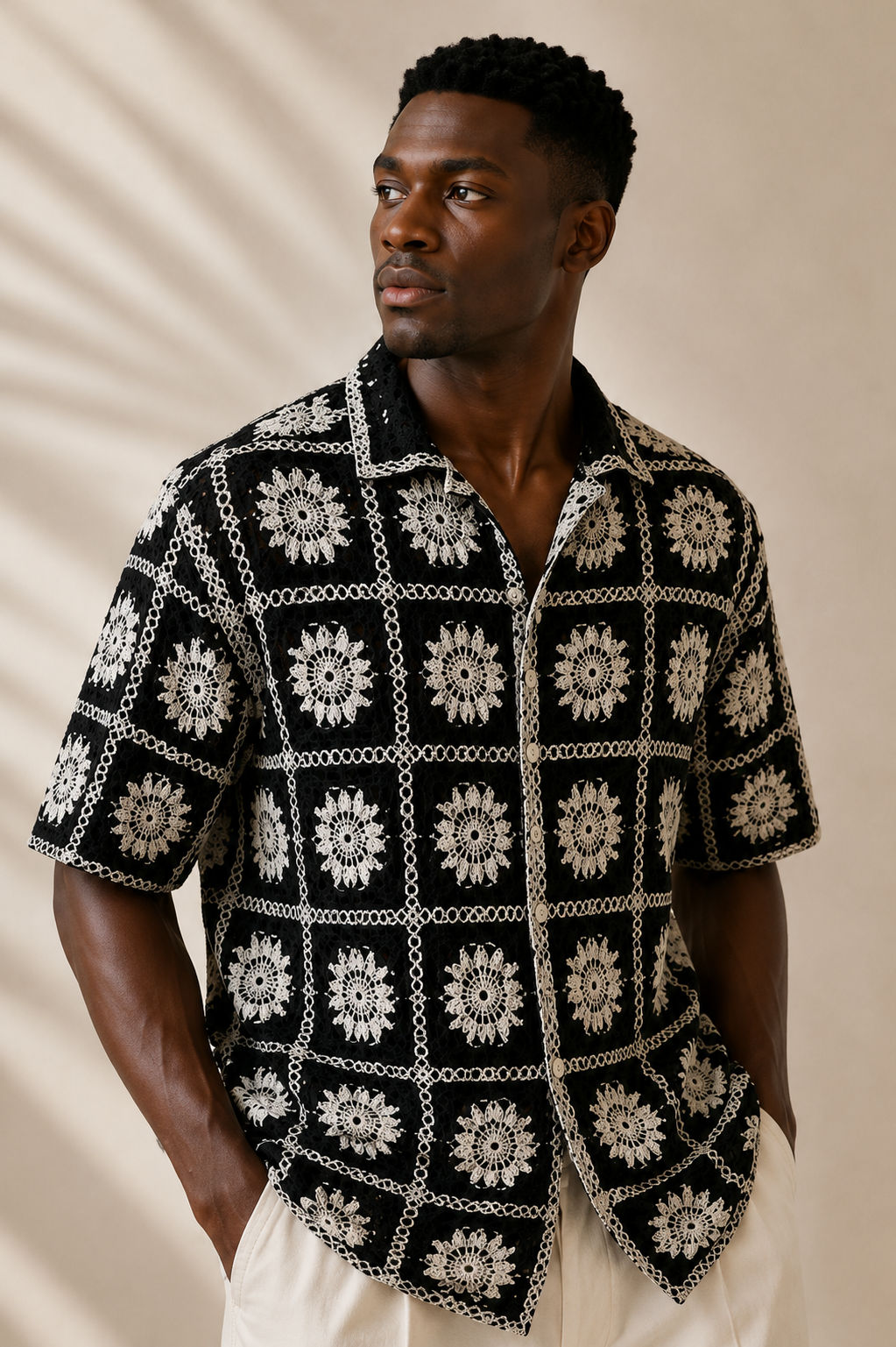 Men's Black Floral Embroidered Shirt – Premium Casual Summer Resort Wear