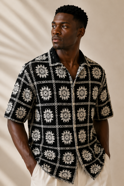 Men's Black Floral Embroidered Shirt – Premium Casual Summer Resort Wear