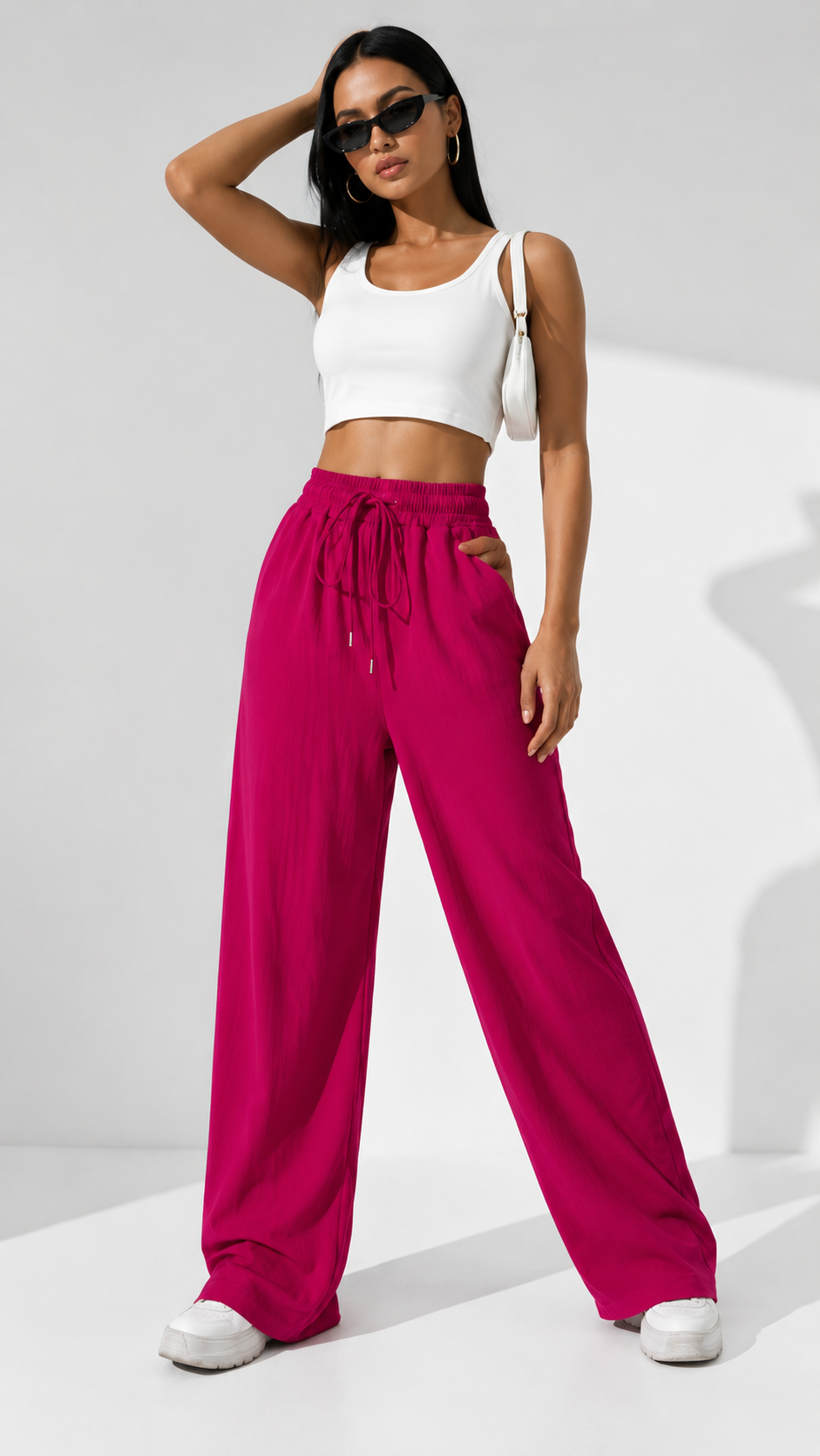 Fuchsia Pink Wide Leg Palazzo Pants for Women | Drawstring Elastic Waist Lounge Trousers