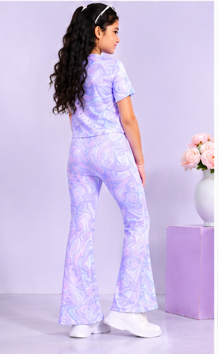 Girls Lavender Marble Co-Ord Set | Kids Crop Top & Flared Pants Outfit | Trendy Western Wear for Girls