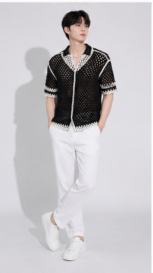Men's Black Open Mesh Crochet Shirt – Premium Handmade Resort Wear Knit Shirt
