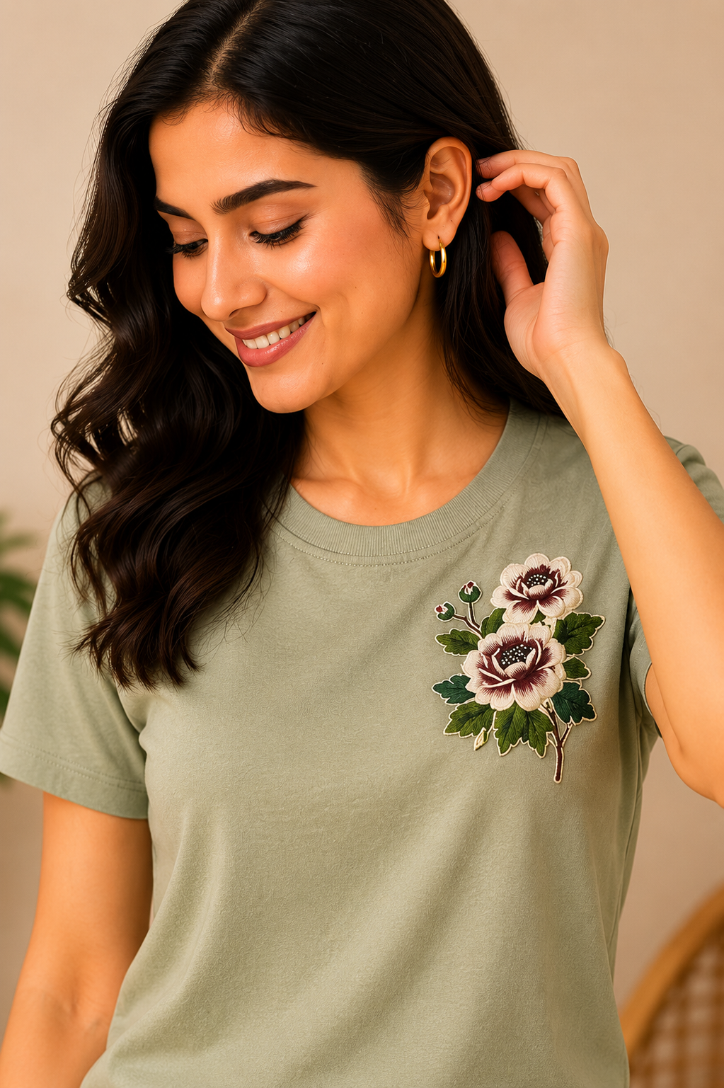 Women’s Sage Green Floral Embroidered Co-Ord Set – Casual T-Shirt & Shorts Lounge Wear