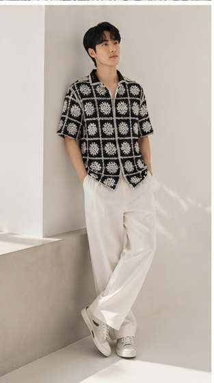 Men's Black & White Crochet Floral Grid Shirt – Premium Handmade Knit Resort Wear Shirt