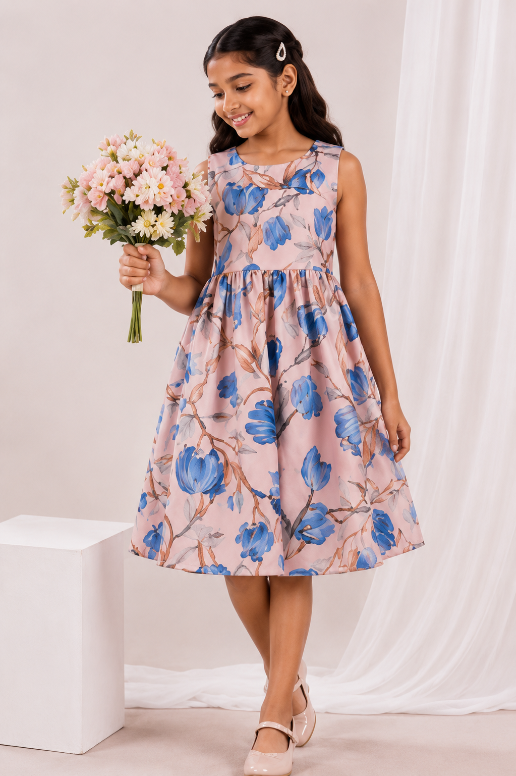 Girls Blush Pink & Blue Floral Print Fit & Flare Dress (Sleeveless)