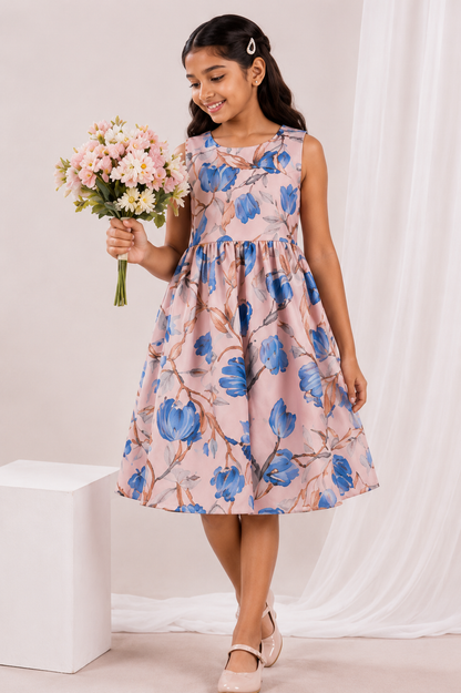 Girls Blush Pink & Blue Floral Print Fit & Flare Dress (Sleeveless)