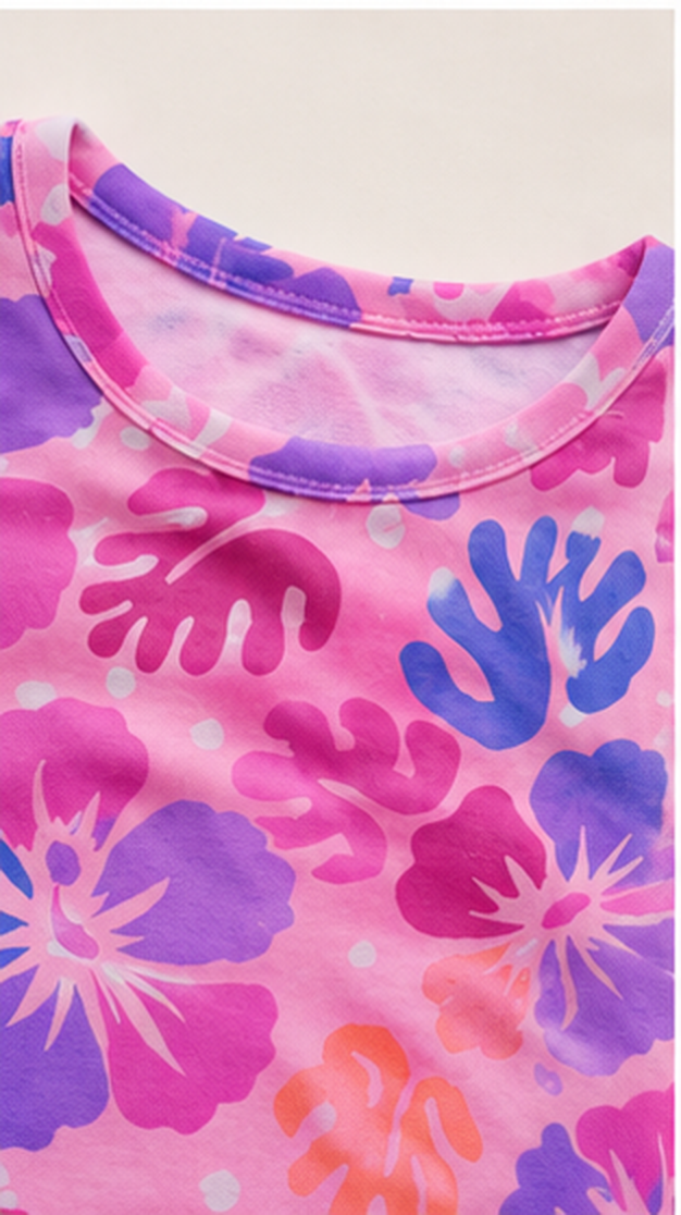 Tropical Floral Kids Co-Ord Set – Pink & Purple Hibiscus Printed T-Shirt & Shorts for Girls