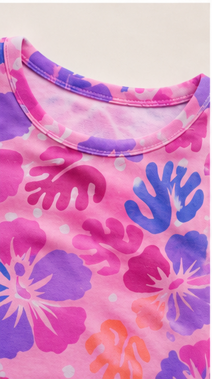 Tropical Floral Kids Co-Ord Set – Pink & Purple Hibiscus Printed T-Shirt & Shorts for Girls