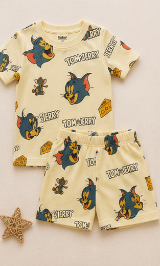 Beige Cartoon Cat & Mouse Kids Co-Ord Set – Cute Animated Print T-Shirt & Shorts for Girls