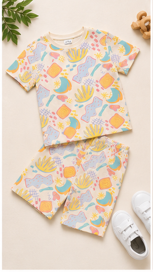 Pastel Abstract Print Kids Co-Ord Set | Soft Cotton Summer Outfit for Boys & Girls