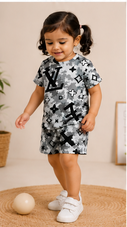 Grey Monogram Style Kids Co-Ord Set – Abstract Luxury Print T-Shirt & Shorts for Kids