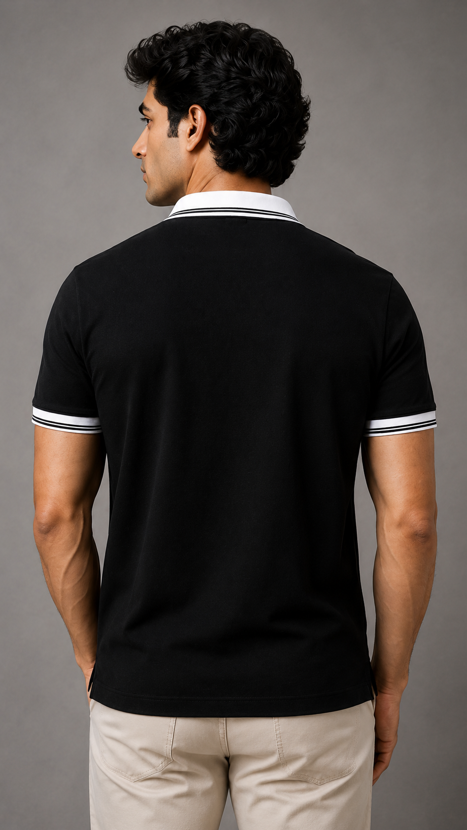 Men’s Premium Black Polo T-Shirt with White Contrast Collar & Sleeve Stripes