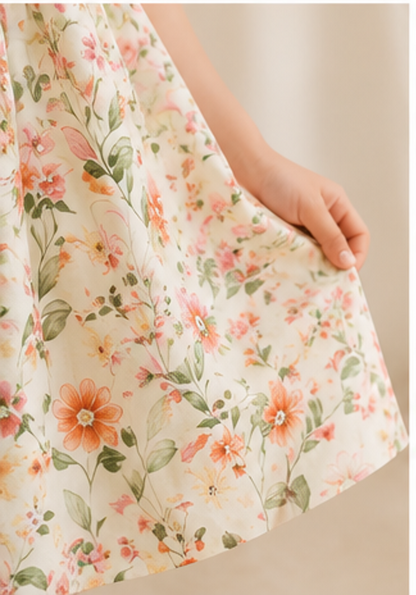 Girls Cream Floral Print Fit & Flare Dress (Sleeveless)
