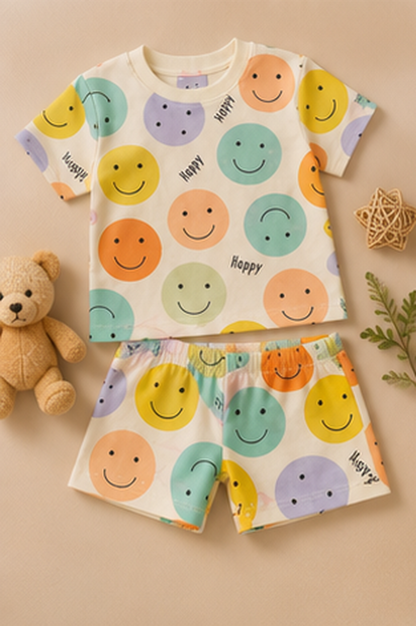 Happy Smiley Face Kids Co-Ord Set – Cute Printed Cotton T-Shirt & Shorts Set for Girls