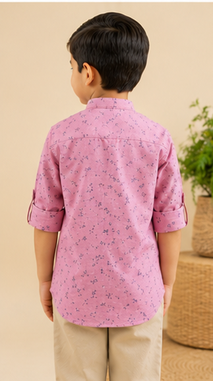 Boys Pink Floral Printed Mandarin Collar Cotton Shirt (Full Sleeve)