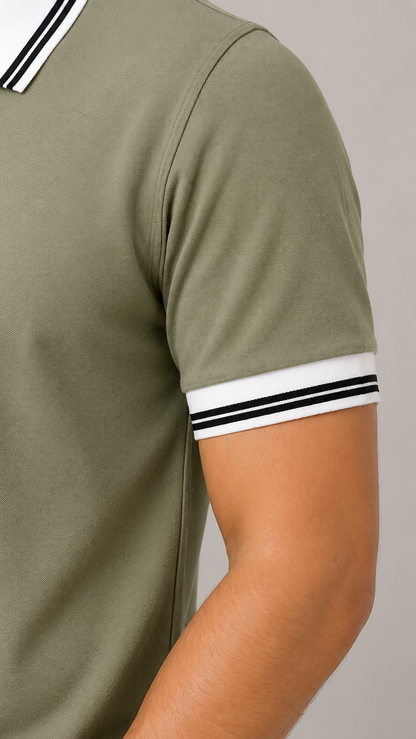 Men’s Premium Sage Green Polo T-Shirt with White Contrast Collar & Sleeve Stripes