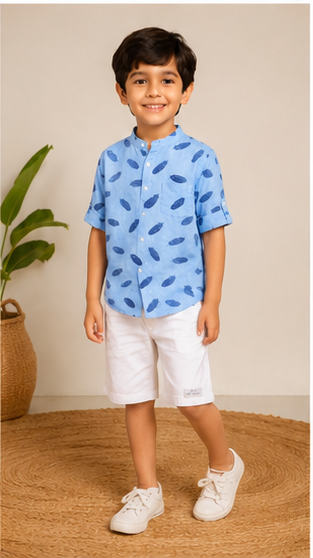 Boys Sky Blue Feather Print Mandarin Collar Shirt (Full Sleeve)